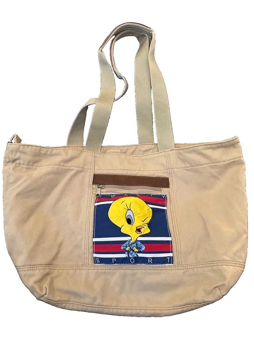 VTG Y2K Looney Tunes Tweety Bird Beige Canvas Tote Bag Nostalgia Sporty Cotton